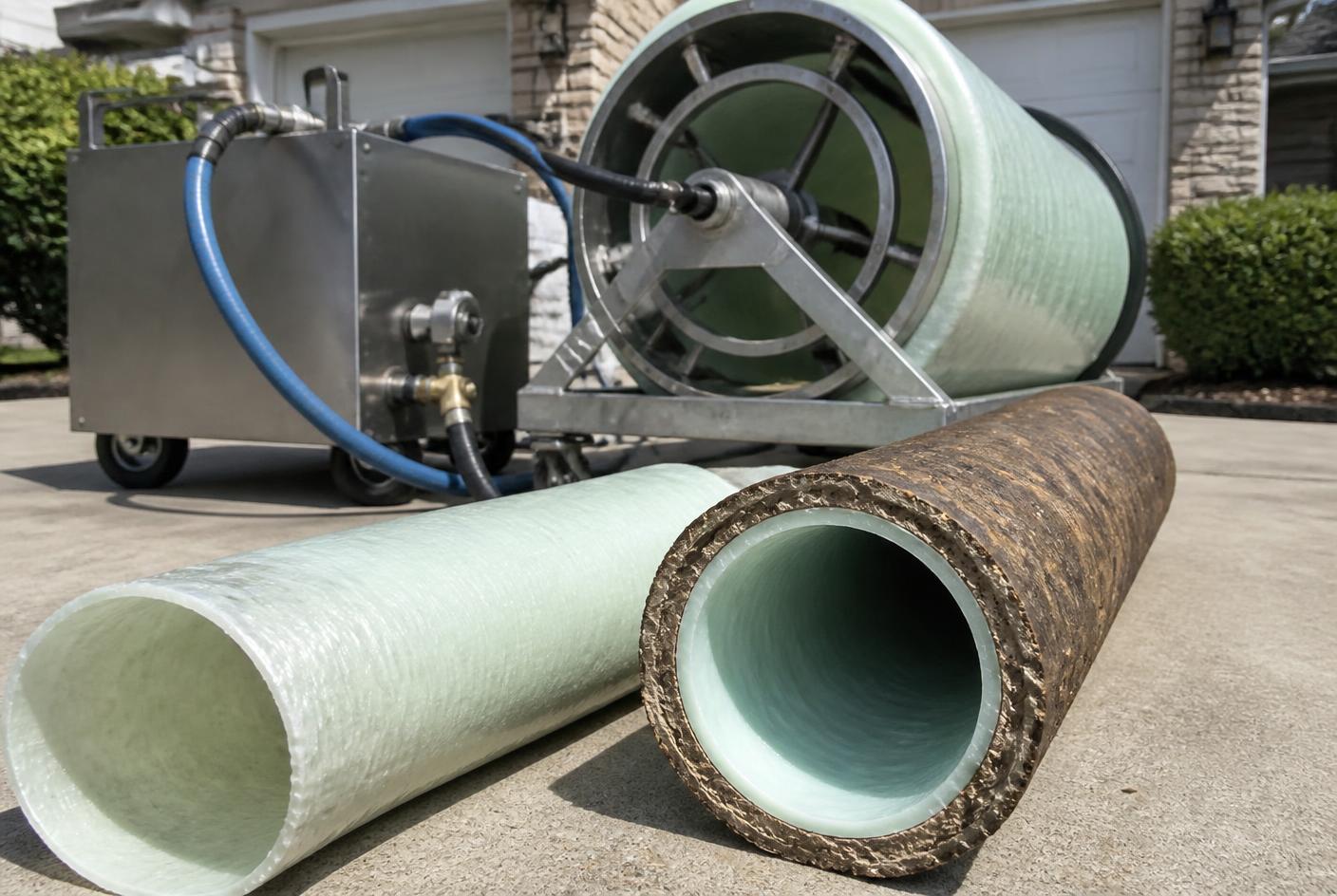 Resin-saturated CIPP liner and lining equipment on a residential driveway