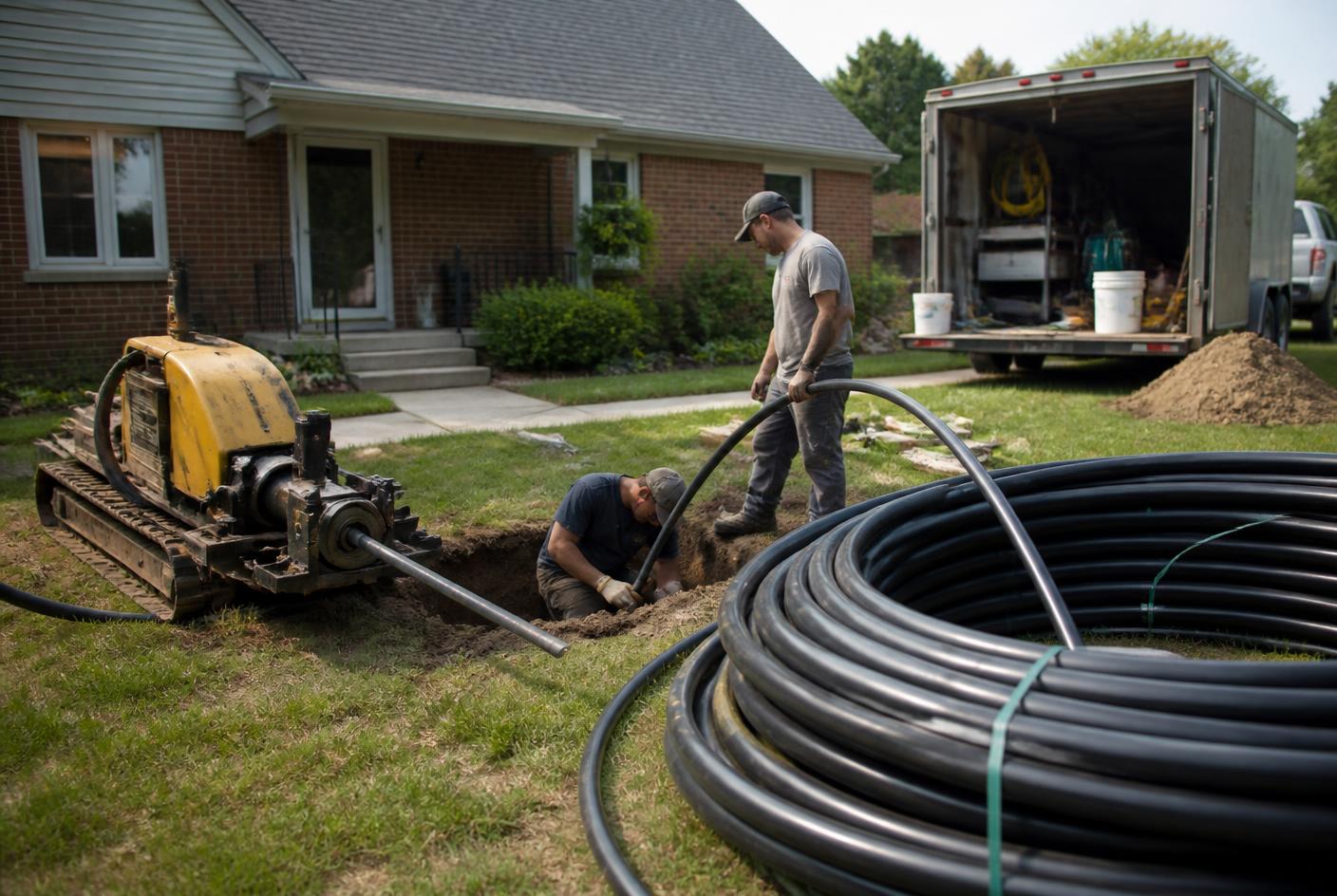 Pipe bursting equipment and new HDPE pipe on a residential lawn