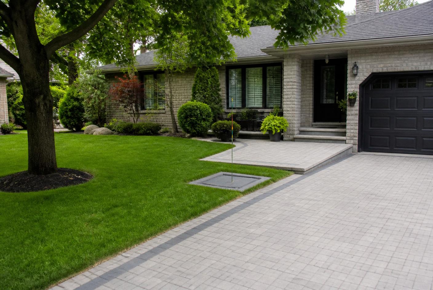 Front lawn, mature tree and paved driveway of a home left undisturbed
